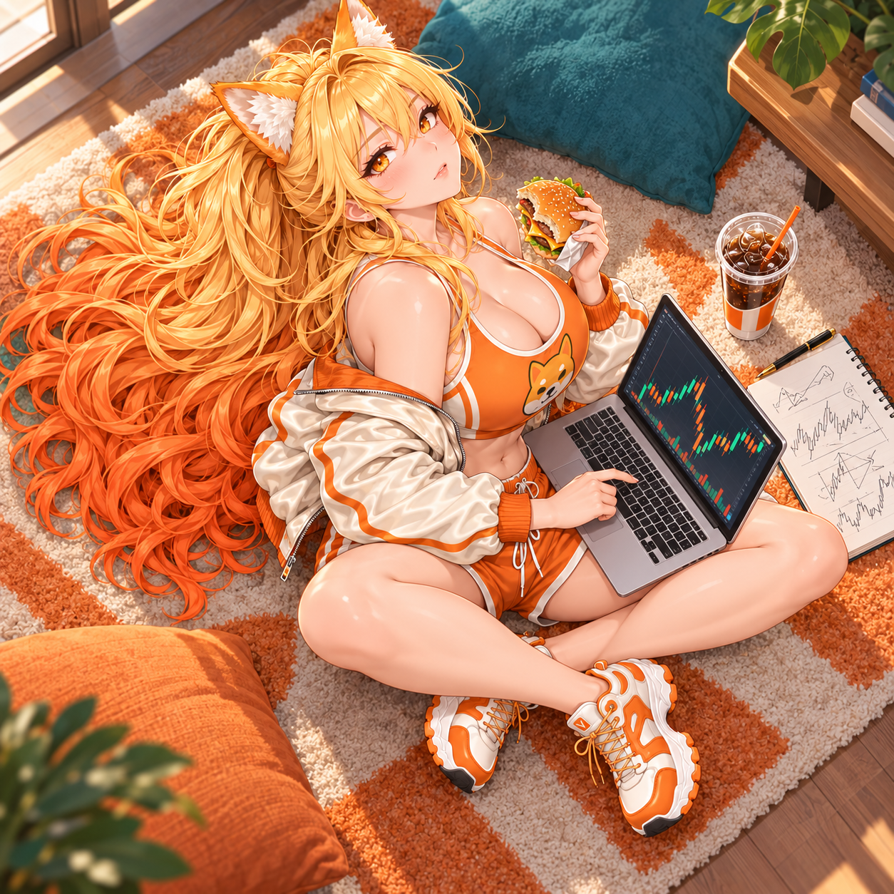 SHIB mascot trading on a laptop with a burger in a sunny room