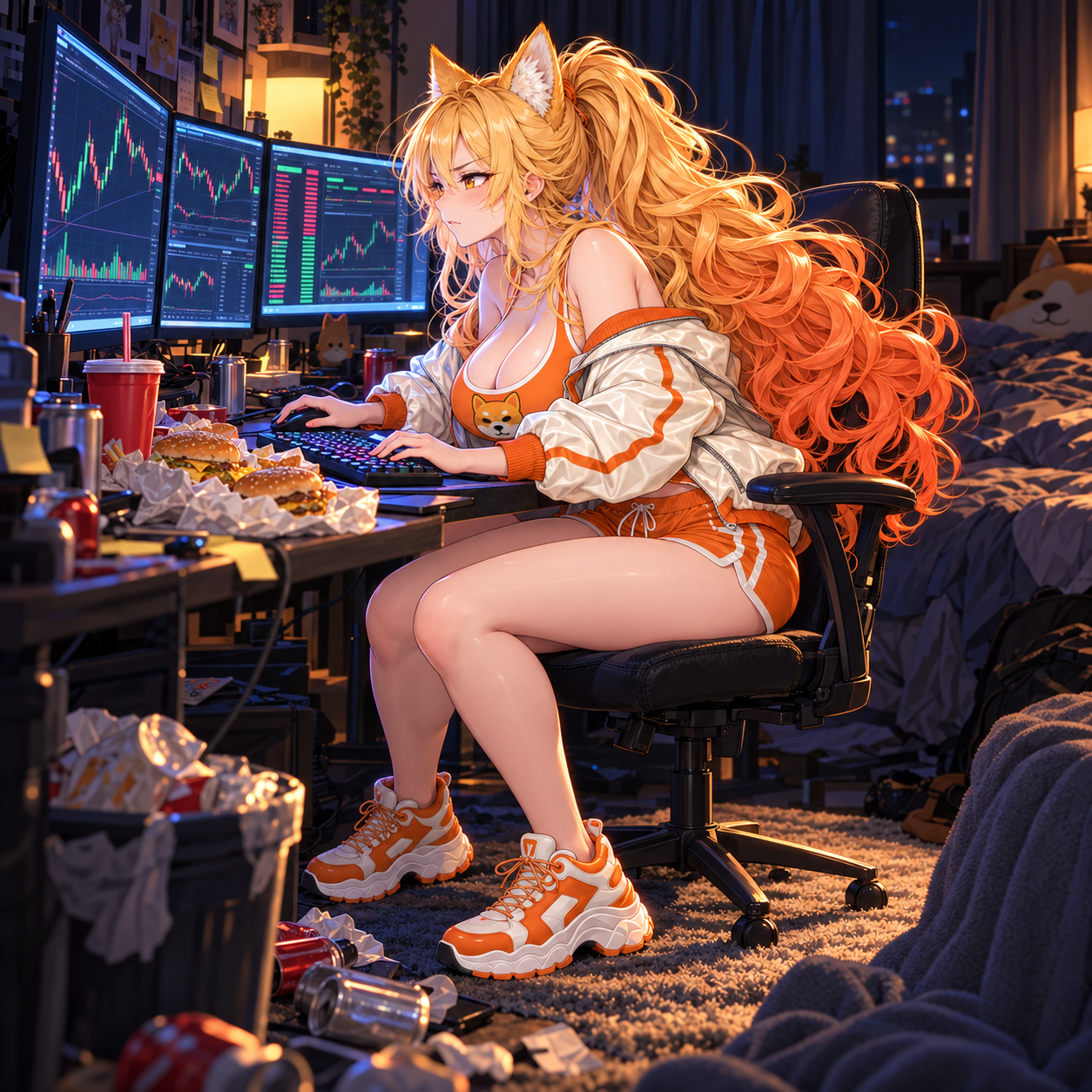SHIB mascot focused on trading screens during a late-night session
