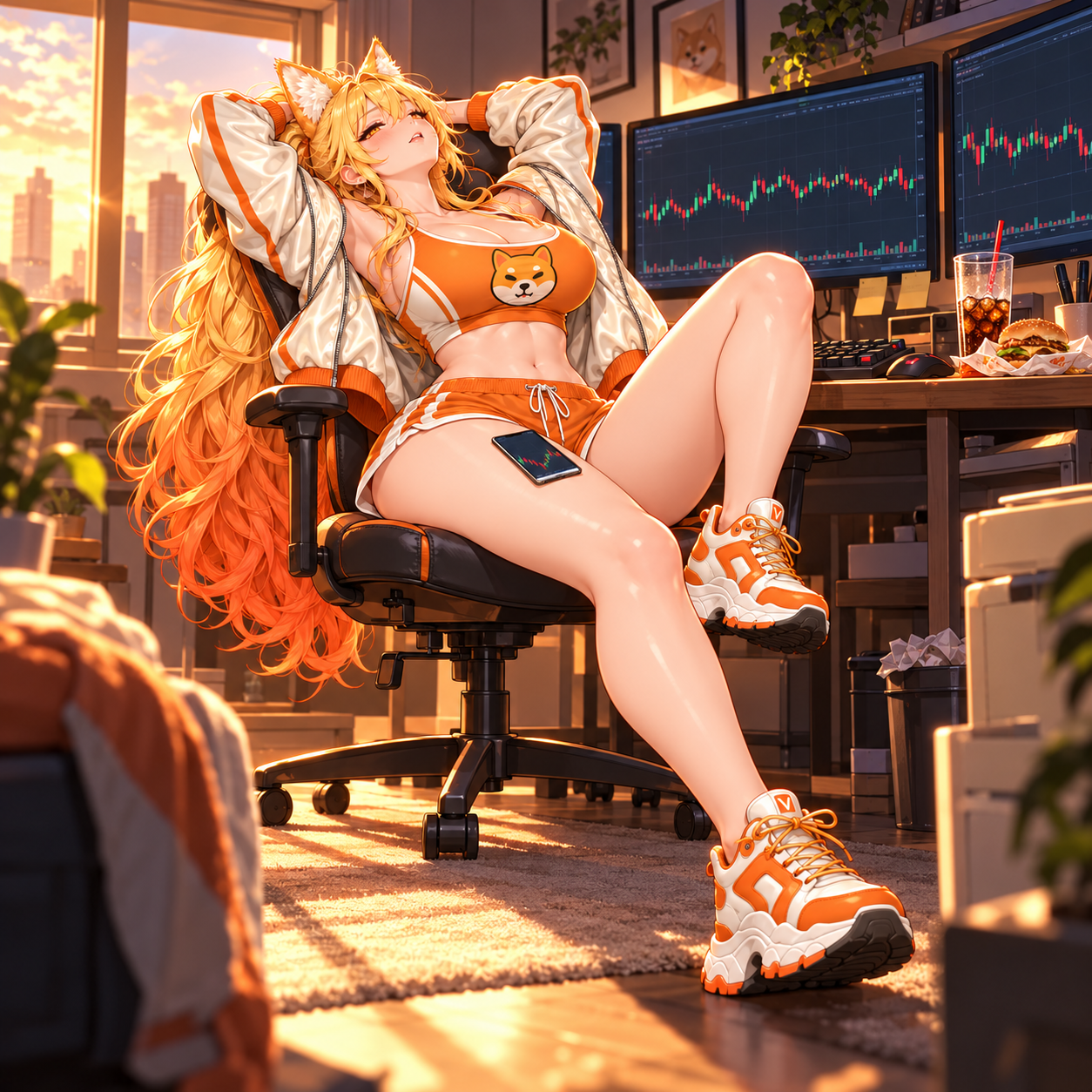 SHIB mascot relaxing in a chair in front of trading monitors at sunset
