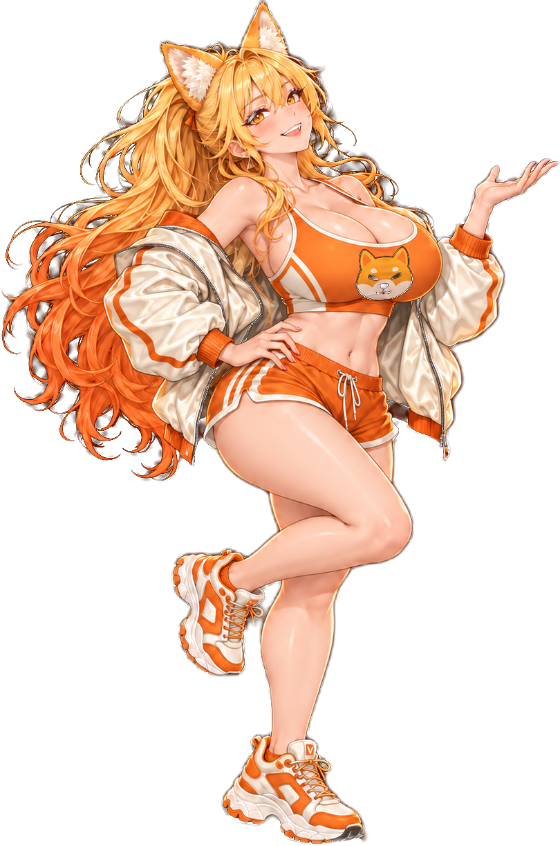 Orange-haired Shiba-eared mascot wearing an orange sports outfit and cream jacket